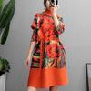 Spring New Loose Mid-length Pleated Dress Female Ethnic Style Printed Lace-up A-line Skirt Dress