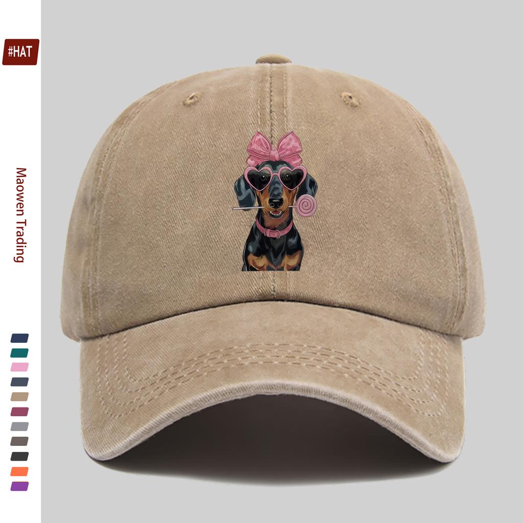 pc Cute Dachshund Pattern Printed Baseball Cap with Pink Bow Design Sun Hat Comfortable Lightweight Trucker Style Decor Hat A