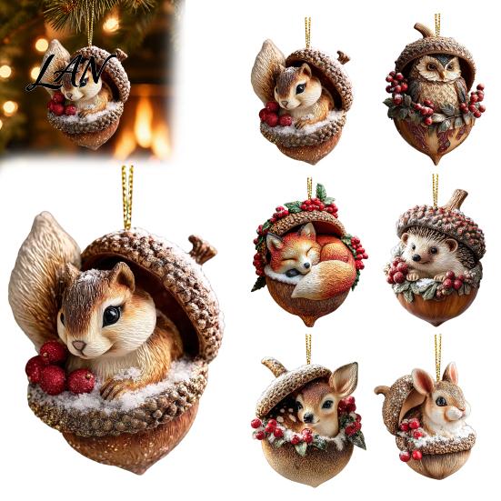 Elegant Holiday Decor Forest Animal Acorn Hanging Ornament, 2D Acrylic Flat Printed Tree Party Decorations for Christmas, Woodland Creature