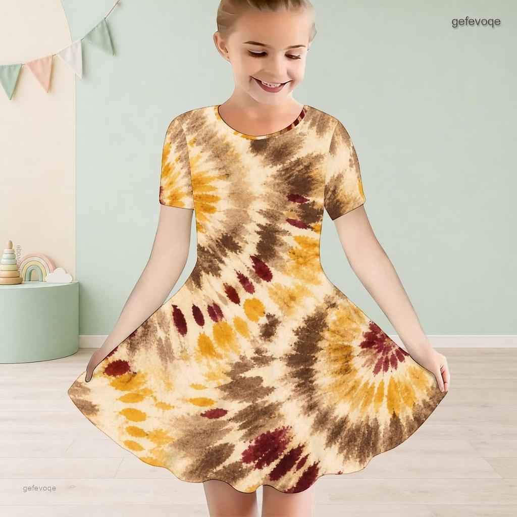 Girls Short Sleeve Round Neck Abstract Printed A Line Flared Dress Black Khaki