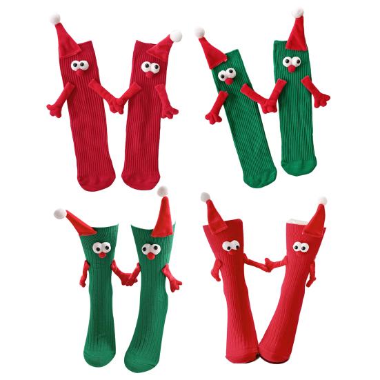 1 Pair Christmas Couple Socks Cartoon Shape Magnetic Hand-linking Festive Mid-tube Thick Warm Anti-slip