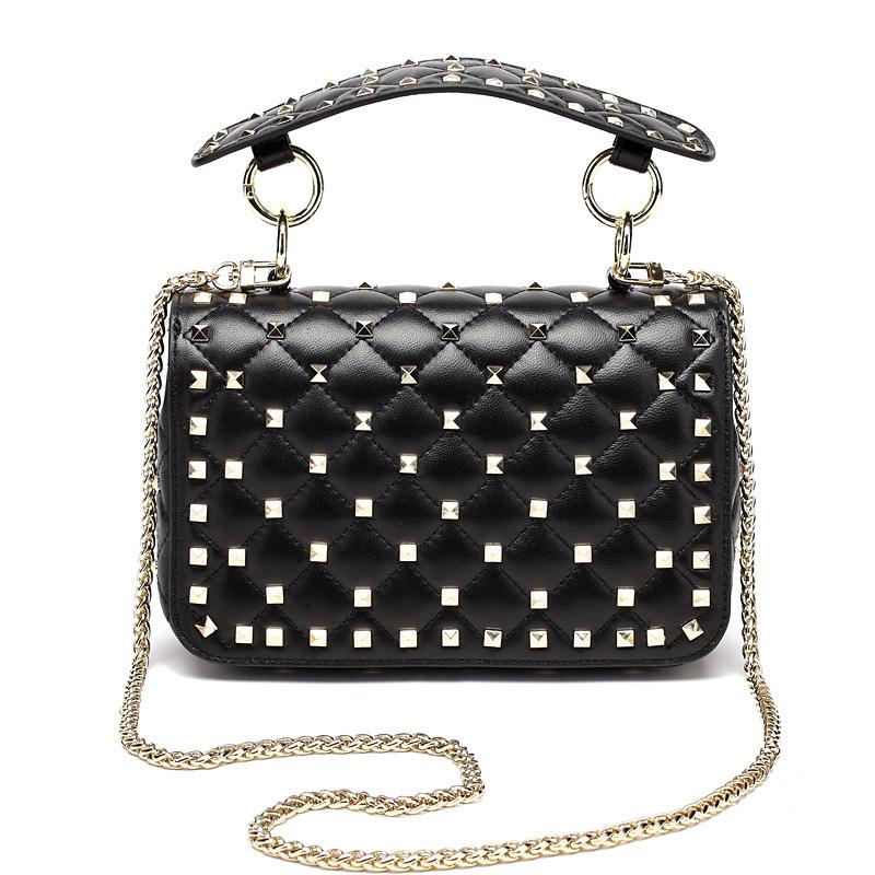 2023 Women's Punk Style Sheepskin Rivet Chain Bag - Soft Leather, Small Square, Single Shoulder Handbag, Genuine Leather.