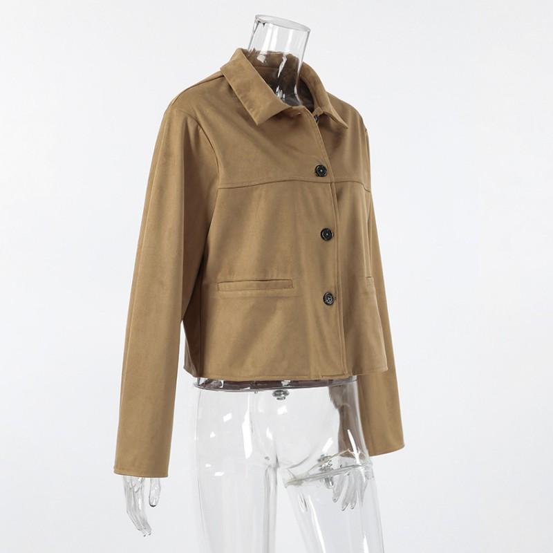 Womens Suede Blazer Jacket Khaki Casual Office Wear Lapel Single-Breasted Long Sleeve