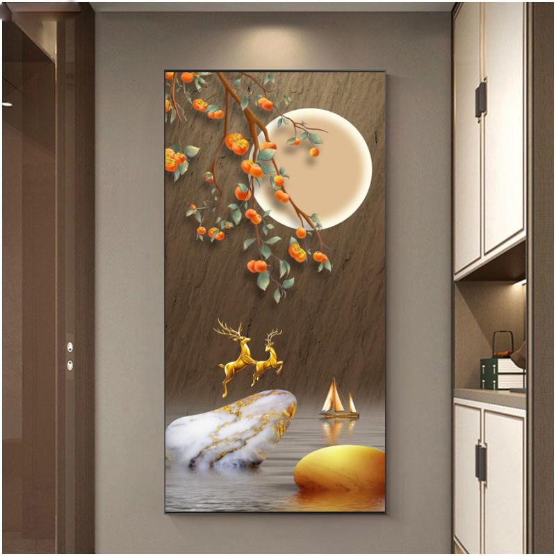 Abstract Fengshui Golden Zen Stone Canvas Painting Golden Moon Deer Wall Art Rich Tree Posters for Porch Wall Decor No Frame