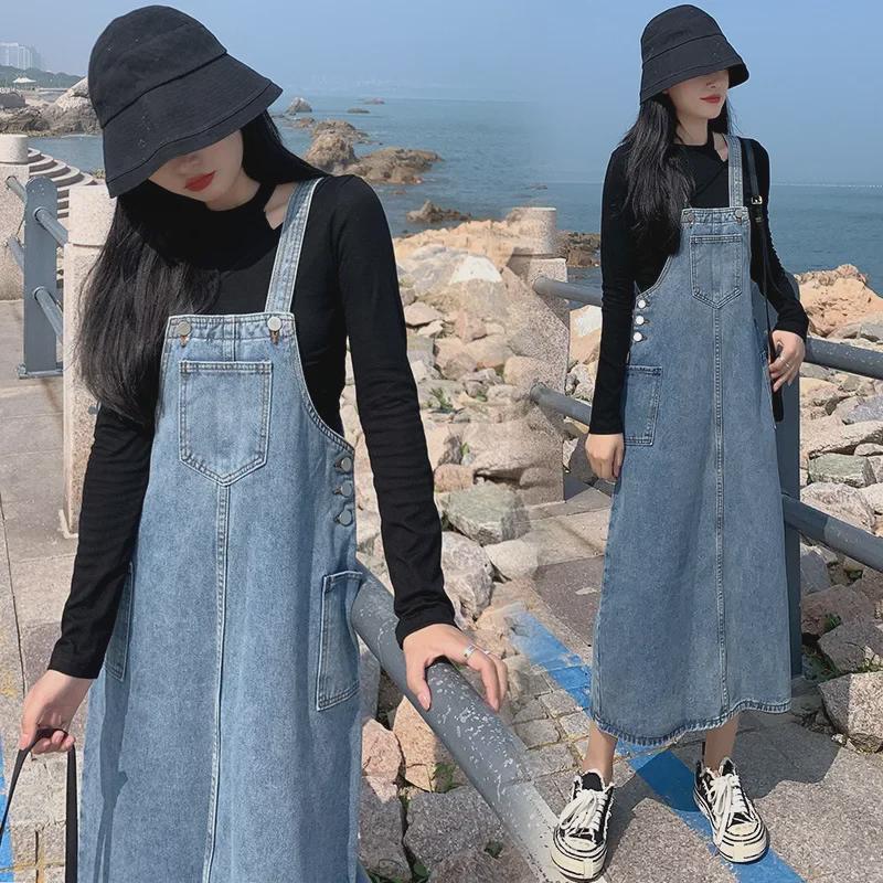 2024 Autumn/Winter Korean Retro Washed Denim Midi Skirt - Loose Fit Overalls for Women Students