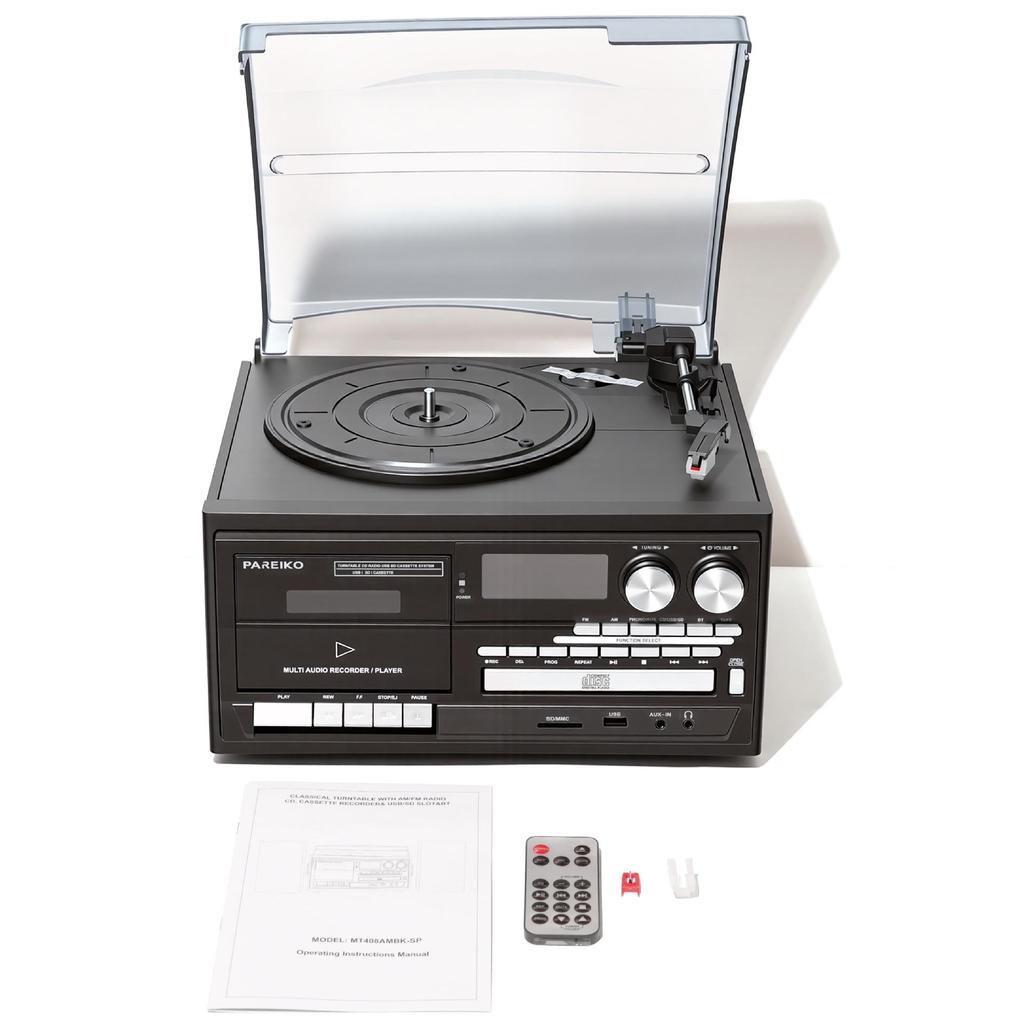 Ten-in-One Retro Vinyl Record Player: Bluetooth Speaker, Radio, Cassette & CD Player, Transcriber – Perfect Gift!
