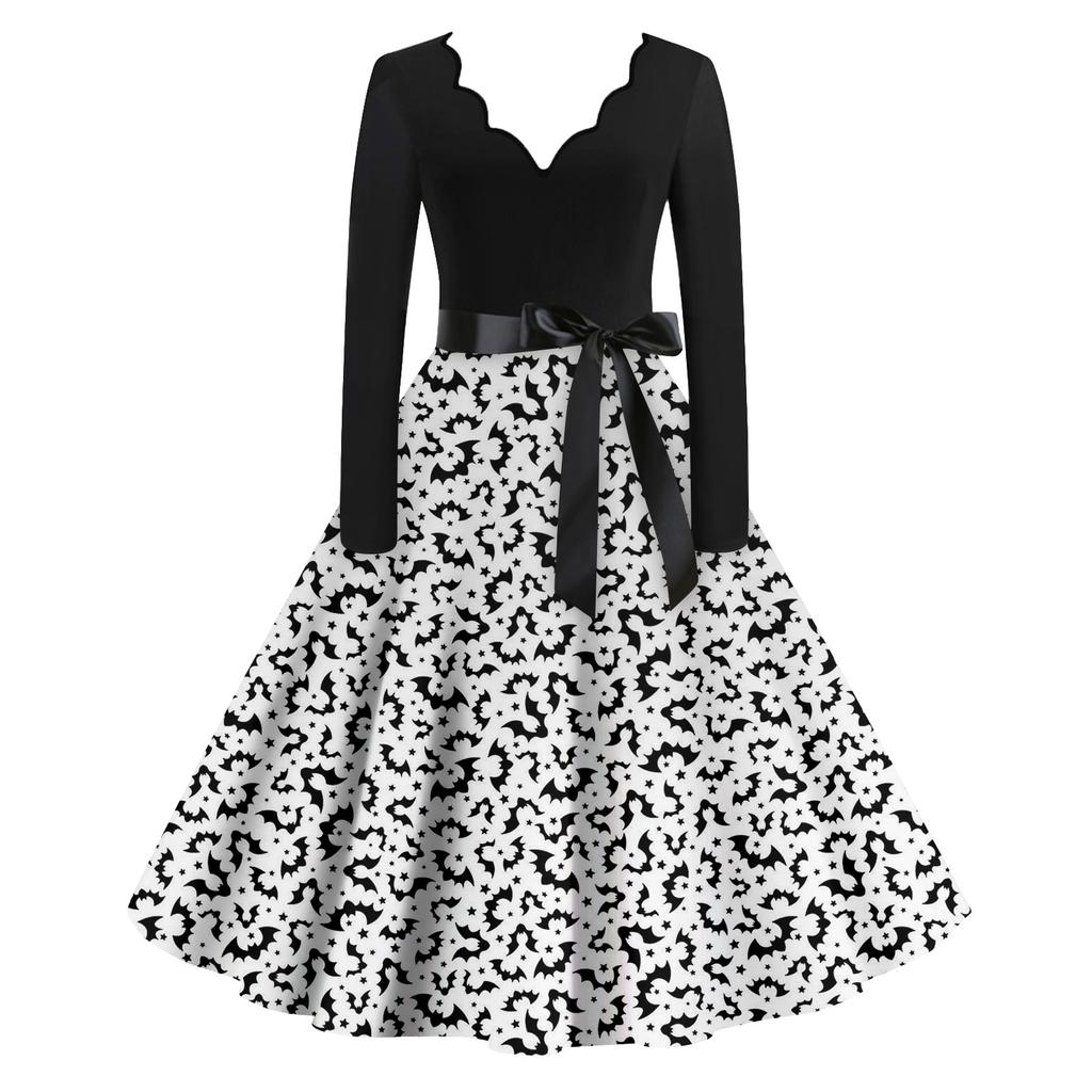 Женские повседневные модные винтажные длинные платья с длинным рукавом на Хэллоуин и графическим принтом