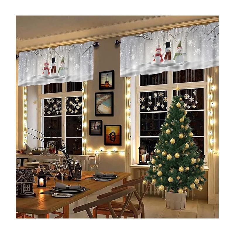 Christmas Window Valance With Rod Pocket Snowman Design Kitchen Short Curtain Festive Decor