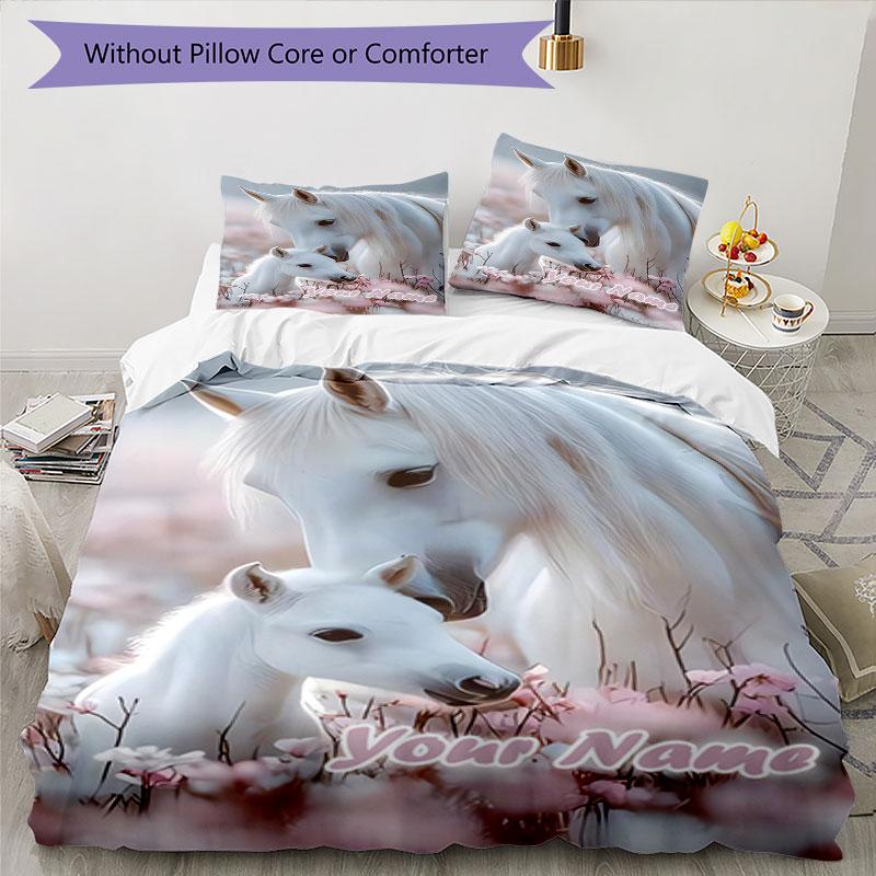 3PC Custom Name White Horse Family Bedding Set Printed Bedding Set Duvet Cover Closure Includes 1 Duvet Cover & 2 Pillowcases for All Seasons Bedroom