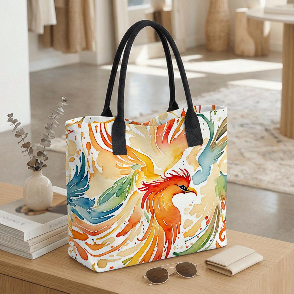 Watercolor Phoenix Pattern Tote Bag Casual Large Capacity Shoulder Handbag for Daily Use
