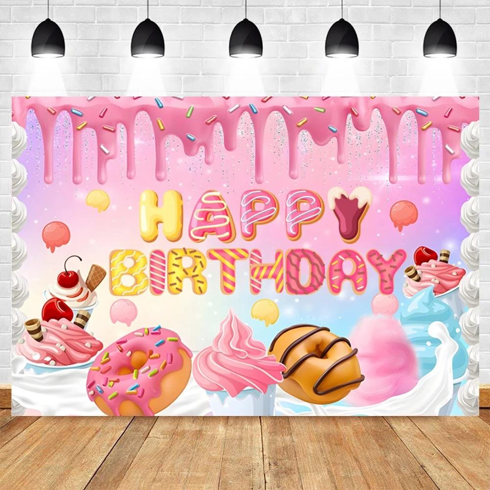 Newborn Baby First Birthday Backdrop Ice Cream Donuts Paper Cupcake Lollipop Sweet Cake Smash Baby Shower Party Photo Background