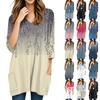 Womens Tops V-neck 3/4 Sleeve Blouses Casual Mid-length Shirts Fashion Print Tunic Tops With Pockets