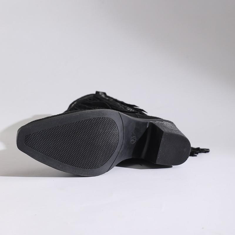 2025 Новые ботинки с острым носком и V-образным вырезом в западном стиле с бахромой, женские зимние больших размеров на толстом каблуке, вышитые этнические ботинки-рыцари