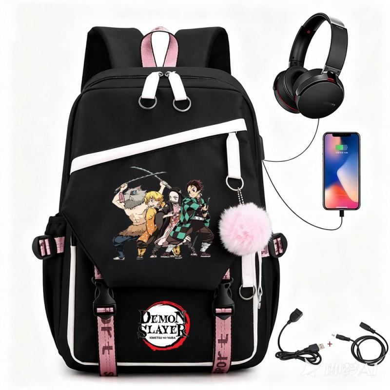 Anime Printed Canvas Backpack With USB Charging Port Teens Students School Travel Unisex