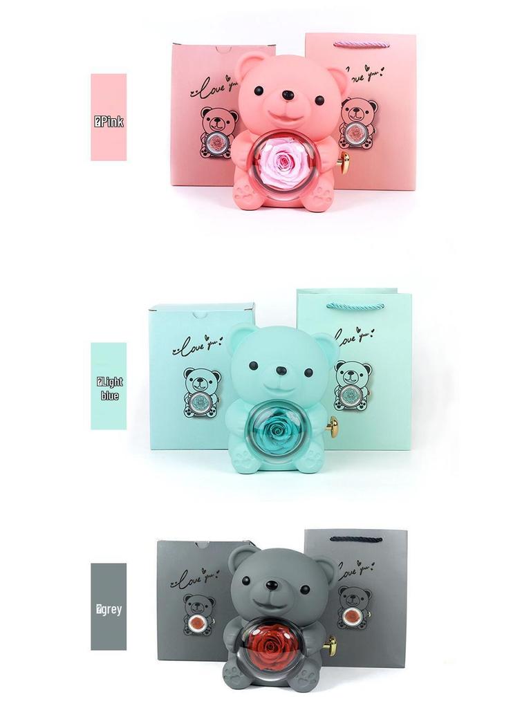 Высококачественная вращающаяся шкатулка для украшений в виде медведя с неувядающими цветами - Идеальный подарок на День святого Валентина