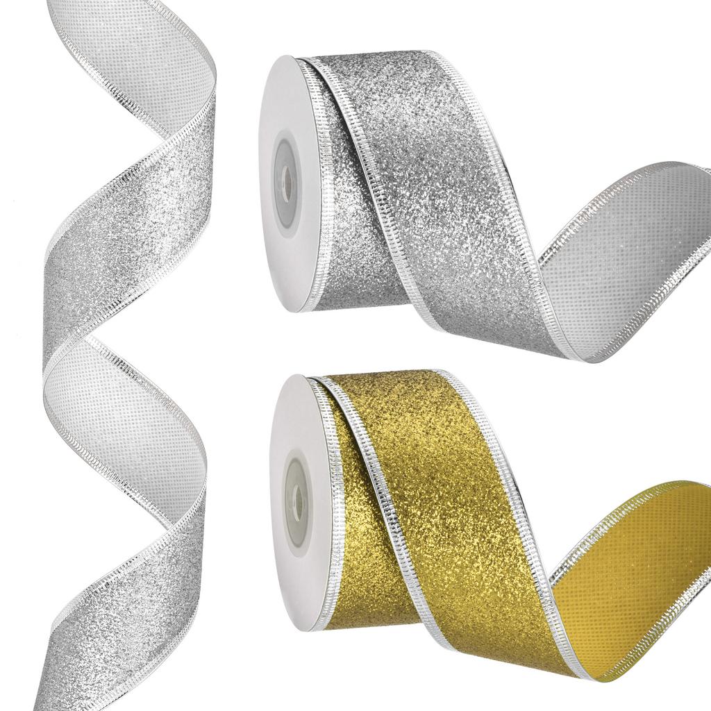 Christmas Ribbon Metallic Wired Gift Wrapping Shine Ribbon Satin for Craft Birthday Wedding Festival Decoration 20 Yards X 1.5"