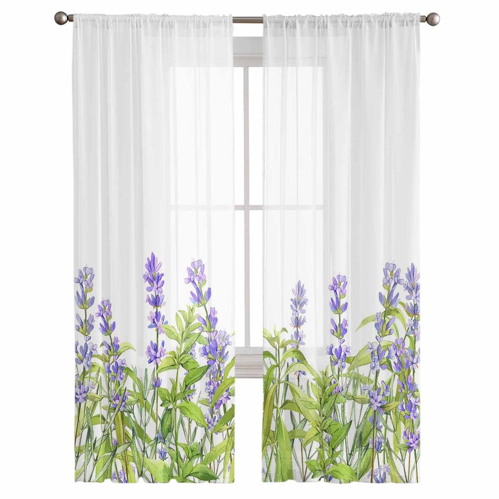 Весенние растения, прозрачные тюлевые шторы с лавандой для гостиной, спальни, кухни, для окон, вуаль, украшение для дома 