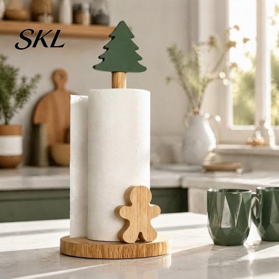 Handmade Wooden Holiday Gift Christmas Paper Towel Holder, Snowman And Tree Design, Rustic Decor for Dining Table Decorative Roll Holder Kitchen