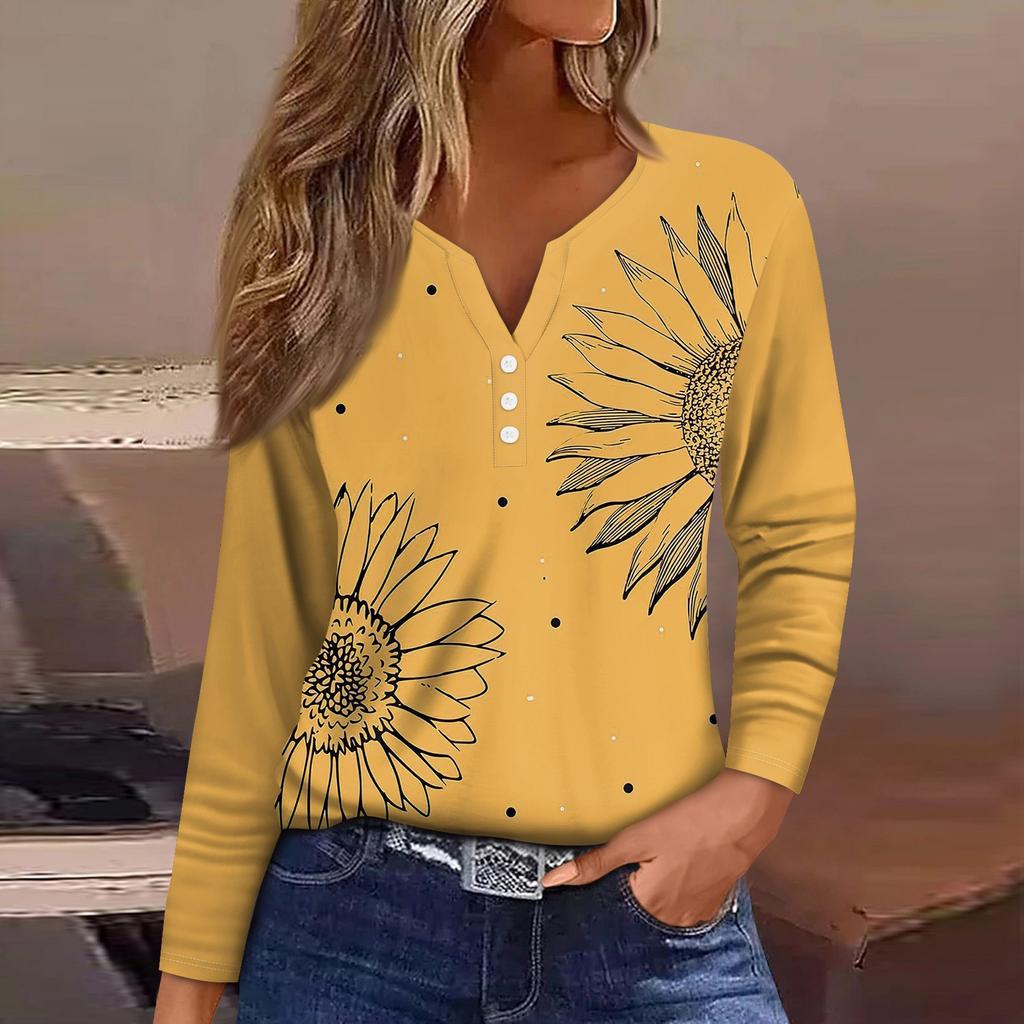 Women's T Shirt Tee Button Floral Print Long Sleeve Daily Weekend Fashion Basic V-Neck Regular Top