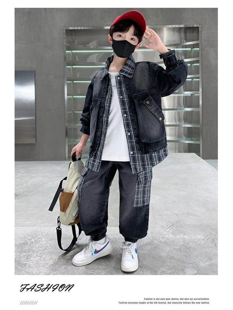 Модный клетчатый джинсовый комплект для мальчиков: Весна/Осень Корейский стиль 2025, Эффект двойки для детей среднего и старшего возраста