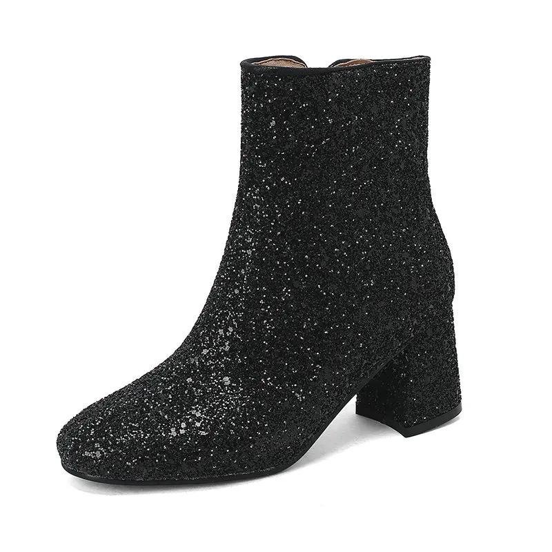 Gold Silver Blue Sequined Cloth Glitter Shoes Women High Heels Ankle Boots