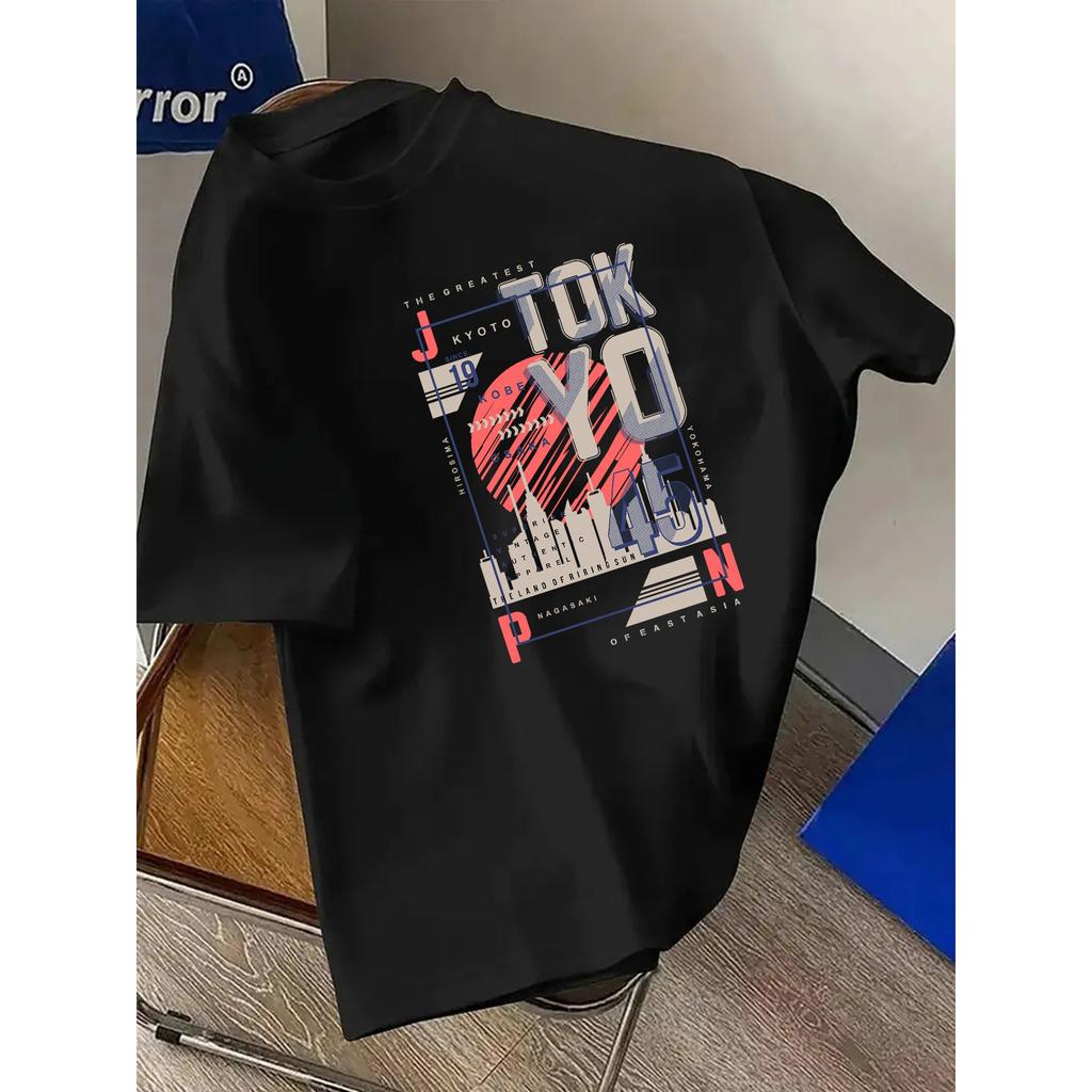 Unisexs Loose 100 Cotton Summer Tshirt with Tokyo City Pattern Print Casual Street Style Breathable and Comfortable Short Sleeve