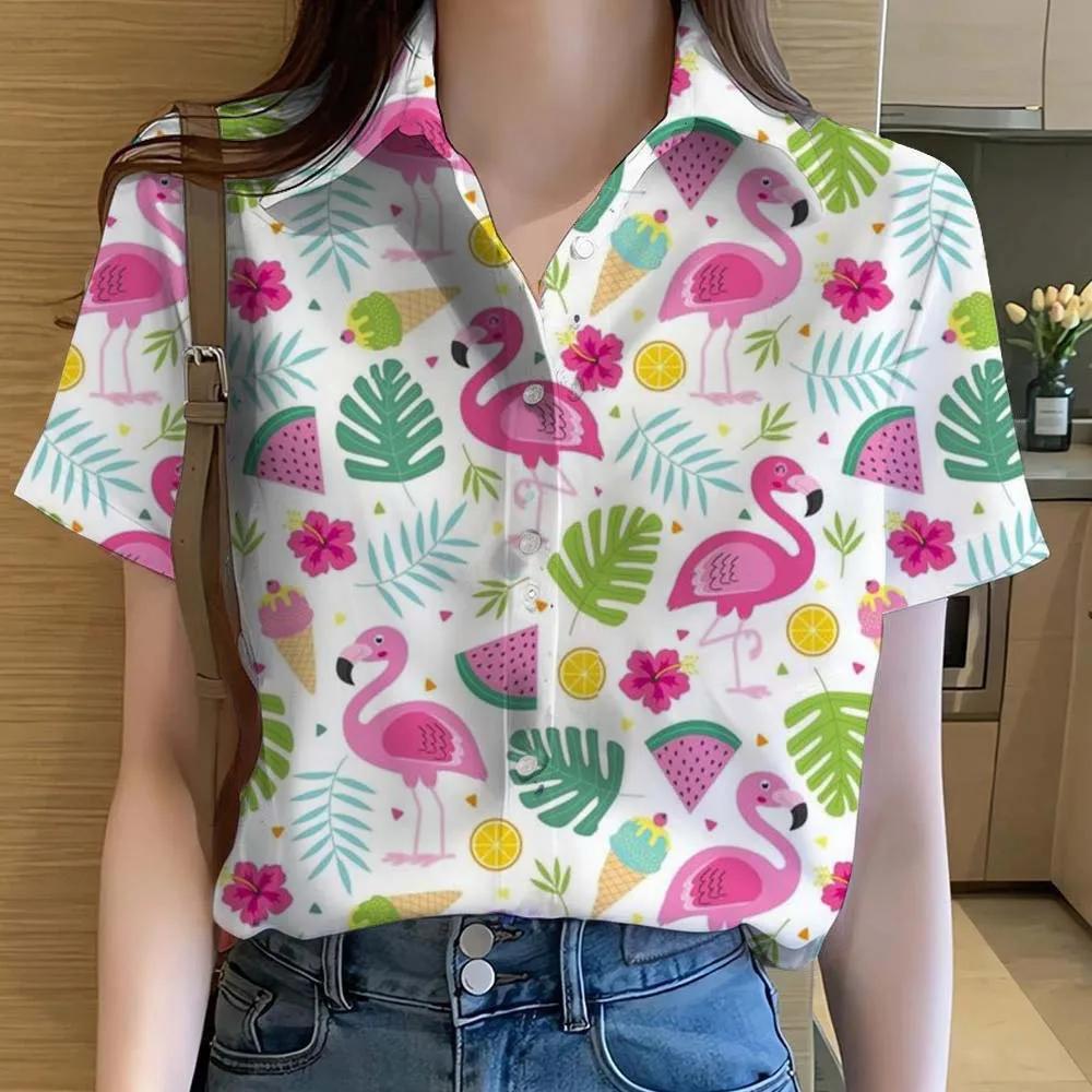 Womens Shirts Cute Cartoon Animal Flamingo 3D Printed Casual Tops Blouses Hawaiian Short Sleeve Button Beach Shirt Summer Shirts