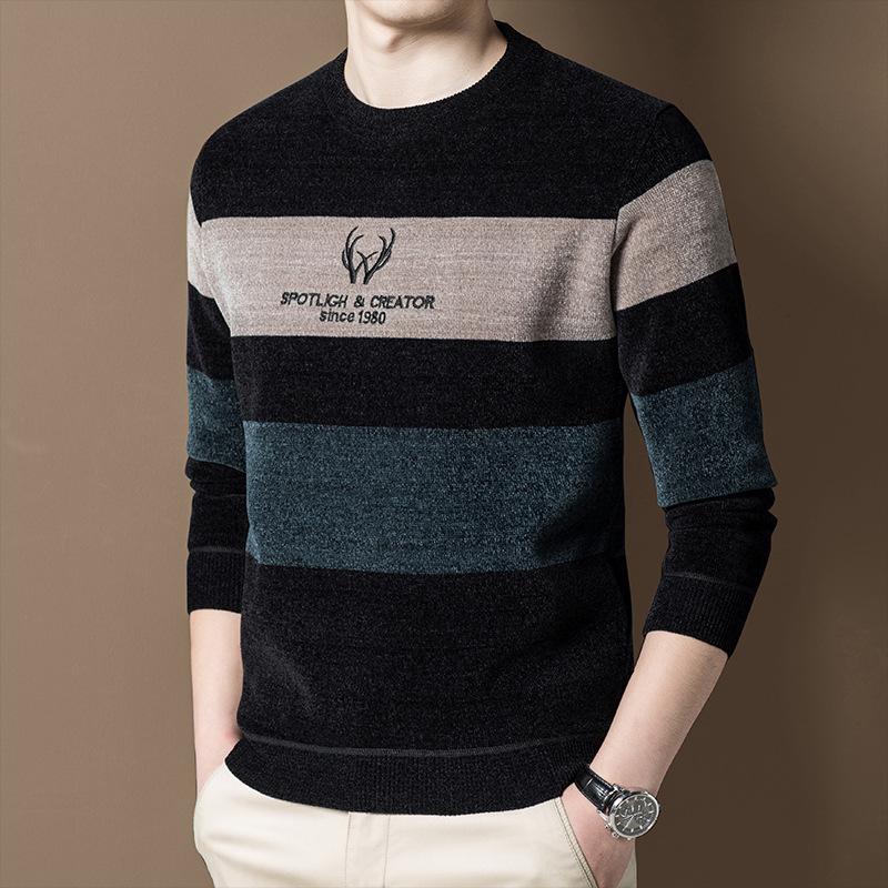 Мужской зимний свитер на флисовой подкладке, теплый вязаный облегающий базовый слой из шенилла.