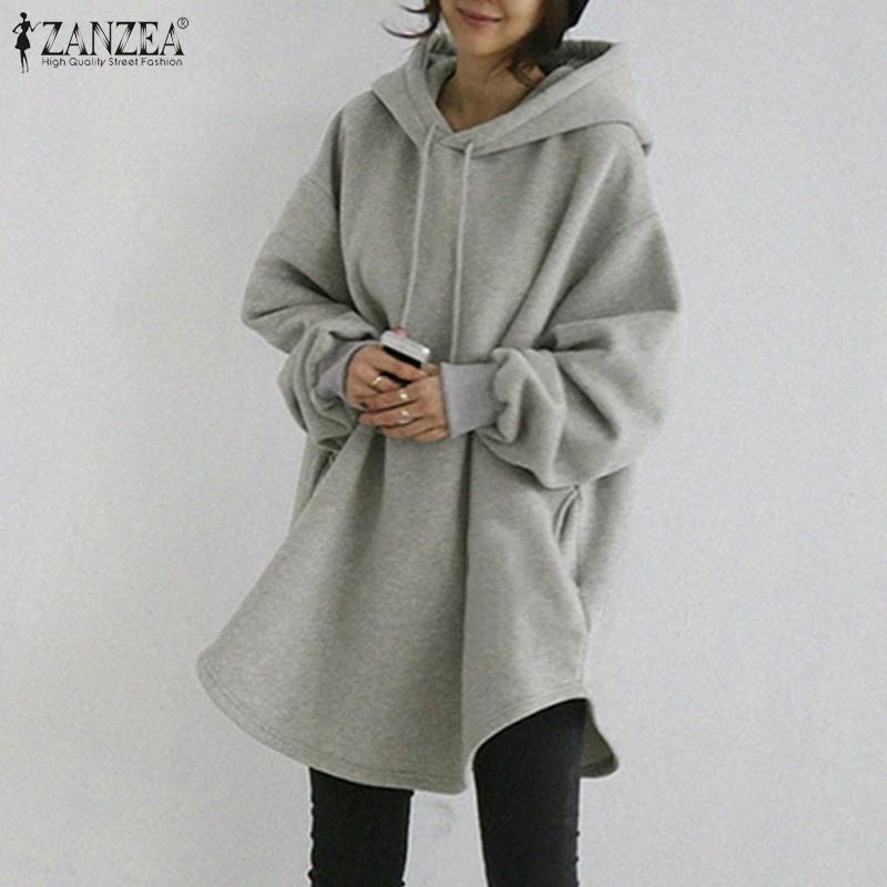 ZANZEA Женские толстовки с капюшоном, осенне-зимние мешковатые пуловеры с длинными рукавами, топы с капюшоном