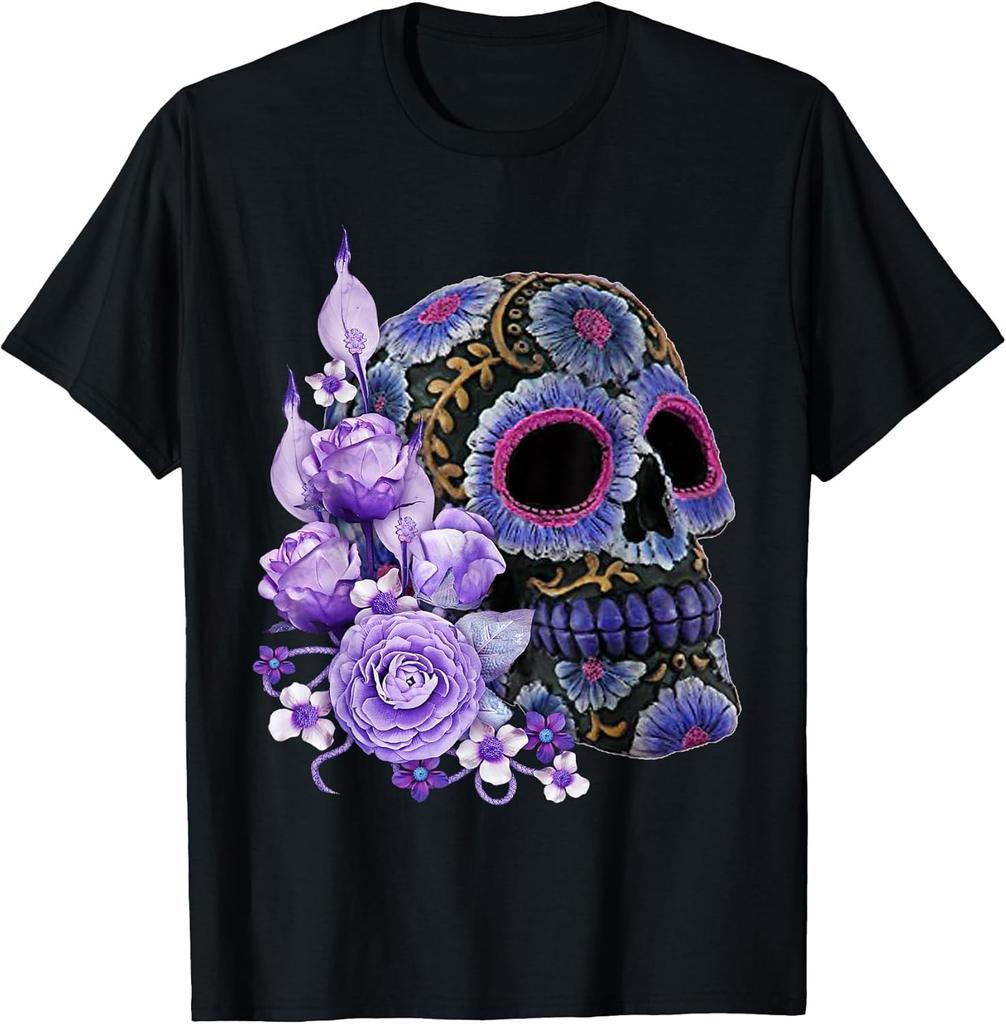 NEW LIMITED! Purple Floral Black Sugar Skull Day Of The Dead Tee - MADE IN USA