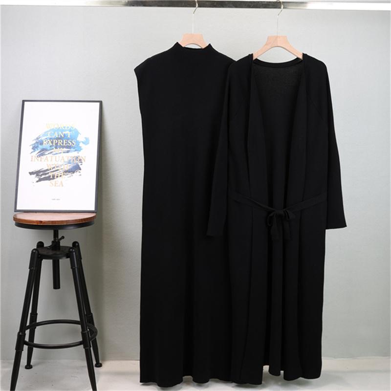 Женский осенний модный длинный вязаный кардиган, платье-жилет без рукавов в комплекте с длинным вязаным кардиганом, набор из двух предметов