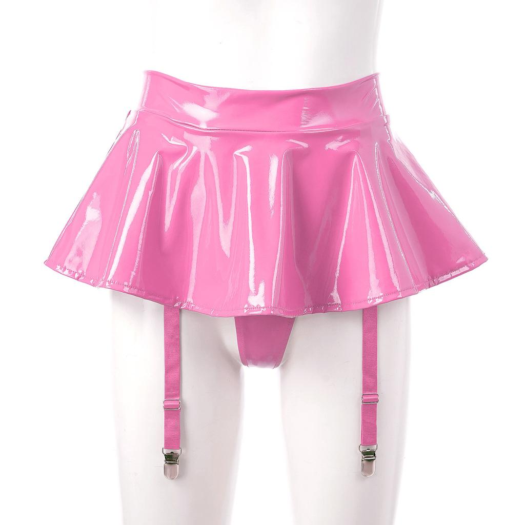 Womens Wet Look Patent Leather Ruffle Skirt Built-in Thongs Garter Belts Metal Clips Miniskirt Party Clubwear