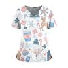 Women's Christmas Print V-Neck Double Pocket Short Sleeves Hem Slit Uniform And Caregiver Top