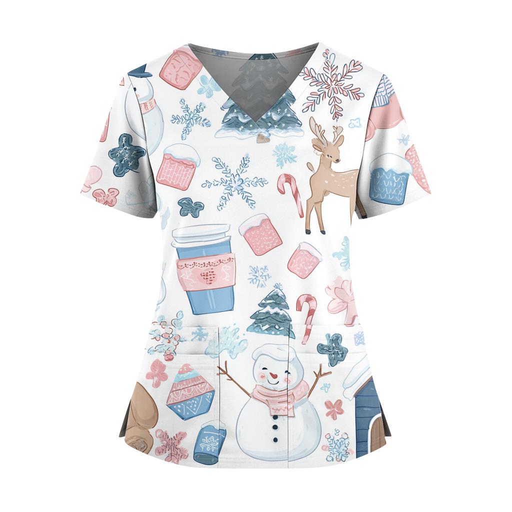 Women's Christmas Print V-Neck Double Pocket Short Sleeves Hem Slit Uniform And Caregiver Top