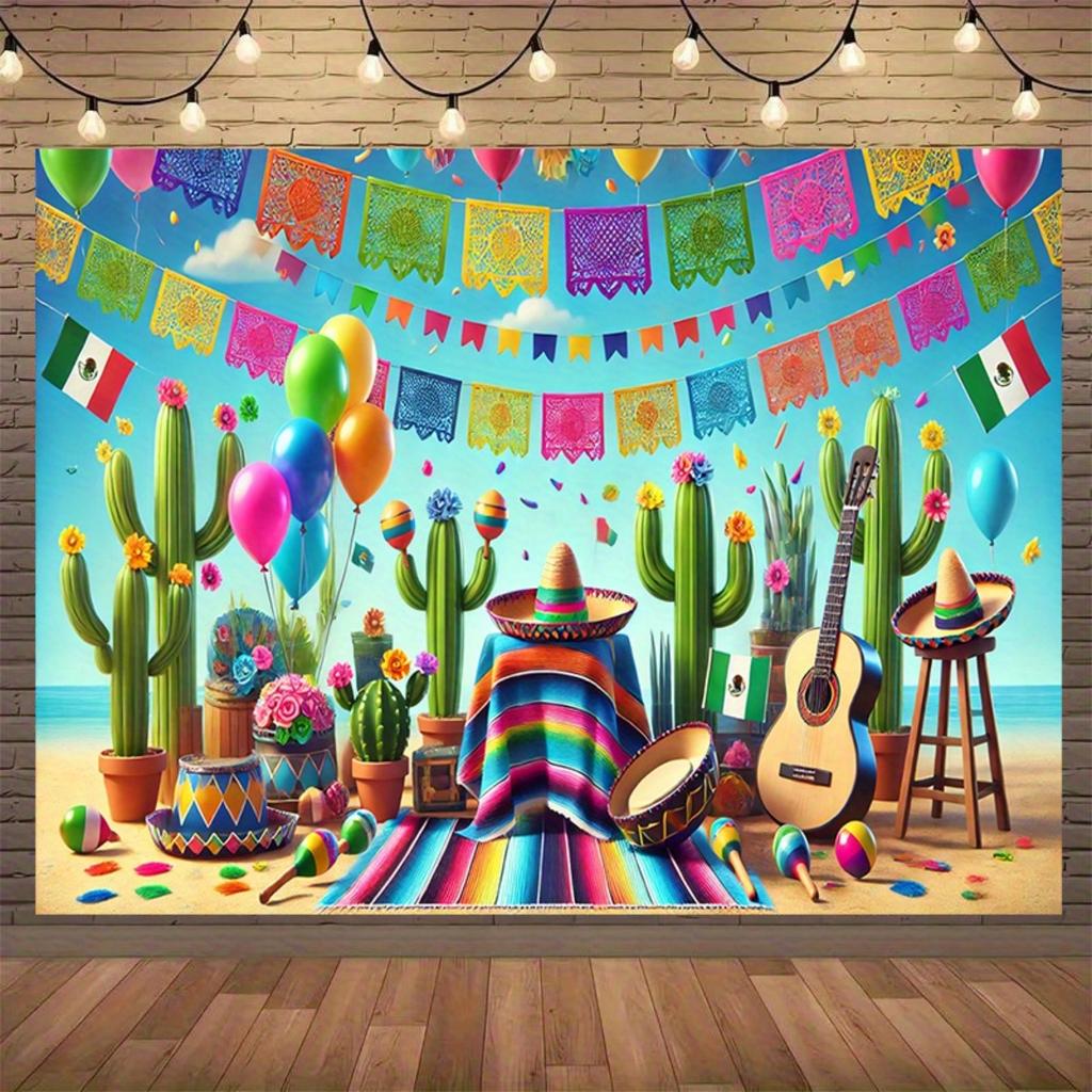 Background banner for Mexican festival party - colorful cacti wide-brimmed hats and shakers decoration indoor/outdoor