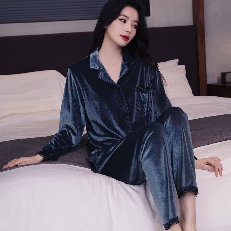 Новый стиль, золотая бархатная пижама для осенне-зимнего женского костюма из двух частей с длинными рукавами