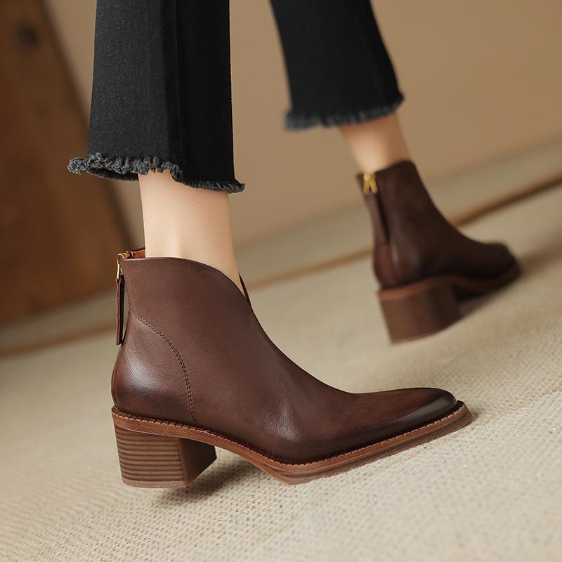 2024 Новые зрелые офисные женские короткие ботинки для женщин осень-зима из натуральной кожи на высоком каблуке с молнией сзади, рабочая обувь для женщин, базовая модель