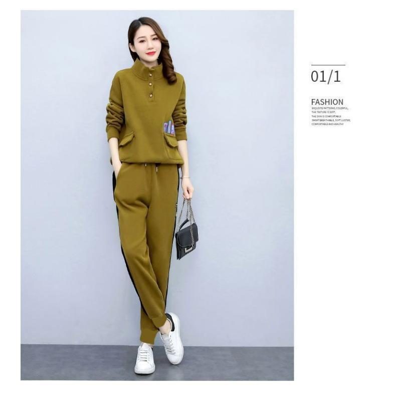 Women Fleece Thickened High Neck Contrast Color Casual Sports Two Piece Clothing Set