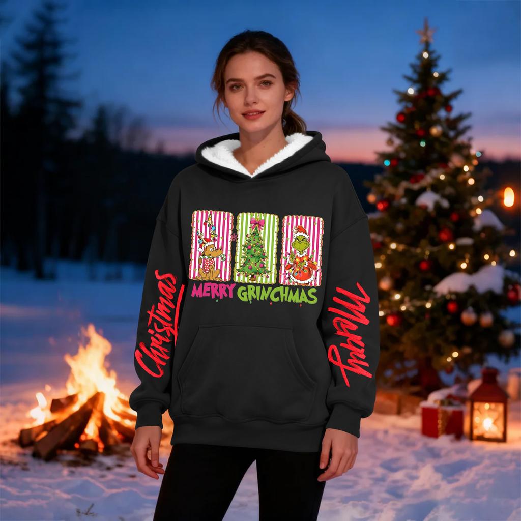 Женская повседневная модная толстовка с капюшоном большого размера, утепленная флисом, с рождественским принтом