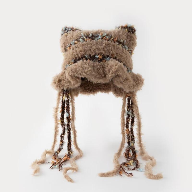 Women Cute Cat Ear Plush Knit Earflap Hat Winter Warm Tassel