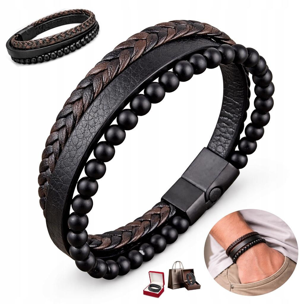 Men' Black Leather Bracelet with Beads, Braided, Diamond, Titanium