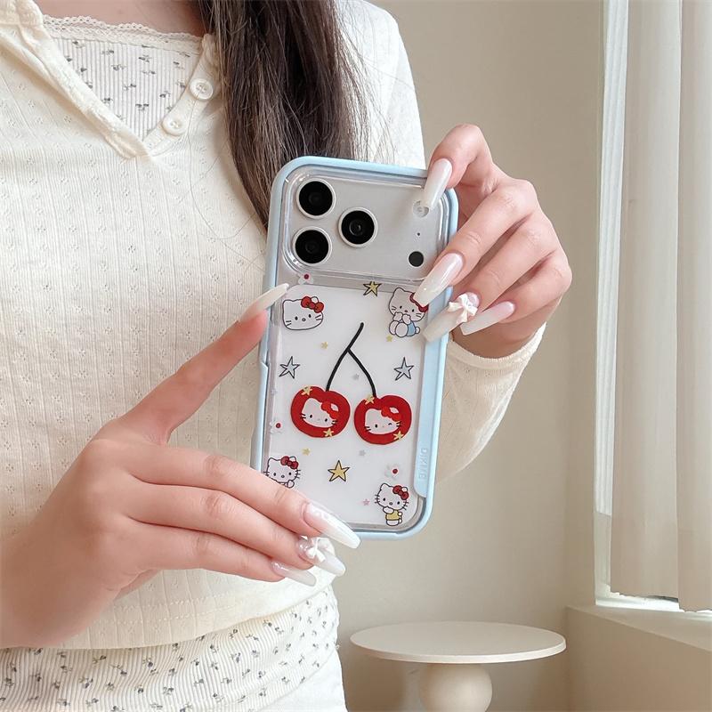 Cute Light Blue Hello Kitty Cherry Phone Case For iPhone 17 16 15 14 Pro Max Star Pattern Clear Protective Cover