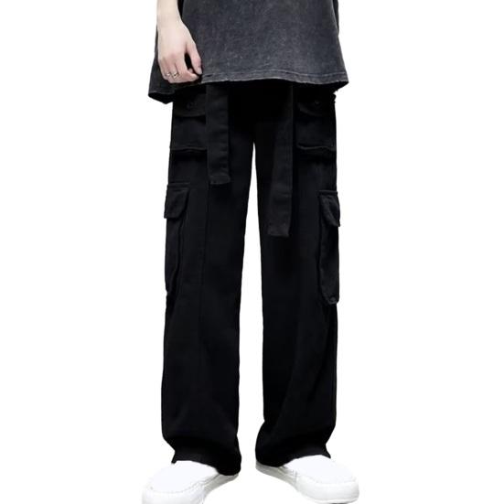Men Cargo Trousers with Multiple Pockets Solid Color Spring Autumn Loose-Fit Straight Pants Wide Leg Trousers