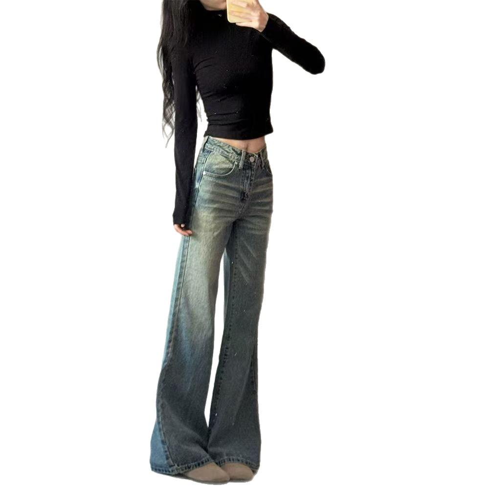 Crease old washed jeans women's autumn new Spice Girl style low waist loose straight drape wide leg floor pants