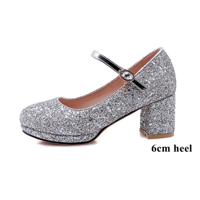 Women Glitter Golden Pumps Chunky Block Heels Platform Mary Jane Sequined Silver Shoes Woman Wedding Party 43