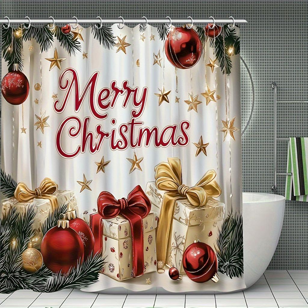 4Pcs Bathroom Shower Curtain SetMerry ChristmasPattern Bathroom Curtain With 12 Hooks Non Slip Rugs Toilet Cover Mat Bathroom Partition