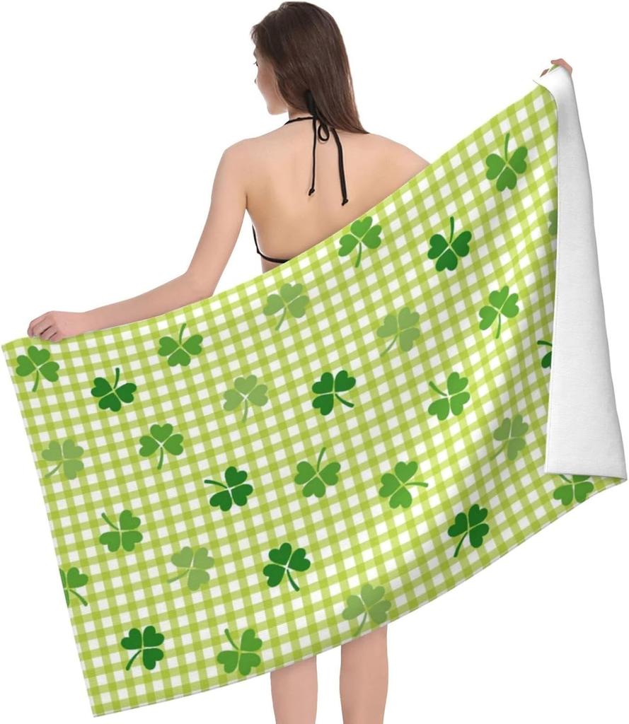 Lucky Clover Beach Towels St. Patrick's Day Shamrock Bath Towel Plaid Soft Absorbent Oversized Quick Dry Extra Large Oversized