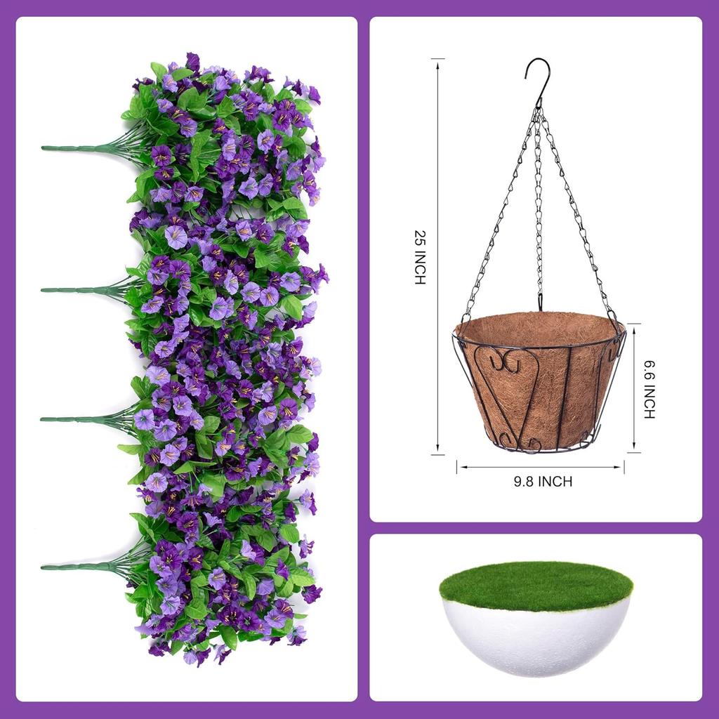 Hanging Baskets with Artificial Flowers for Plants Outdoor Indoor, Faux Silk Morning Glory Vines, Faux Green Plant Arrangement