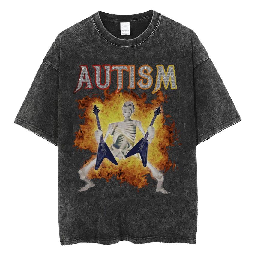 Mens Clothes Tee Shirt Homme TShirts Men Autism Skeleton Meme Human Funny Skull Washed Short Sleeved Round Neck Yk Tshirt