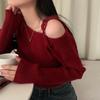 One-shoulder Autumn and Winter Slant-neck Off-the-shoulder Lace-up Top, Slimming Long-sleeved Knitted Sweater for Women